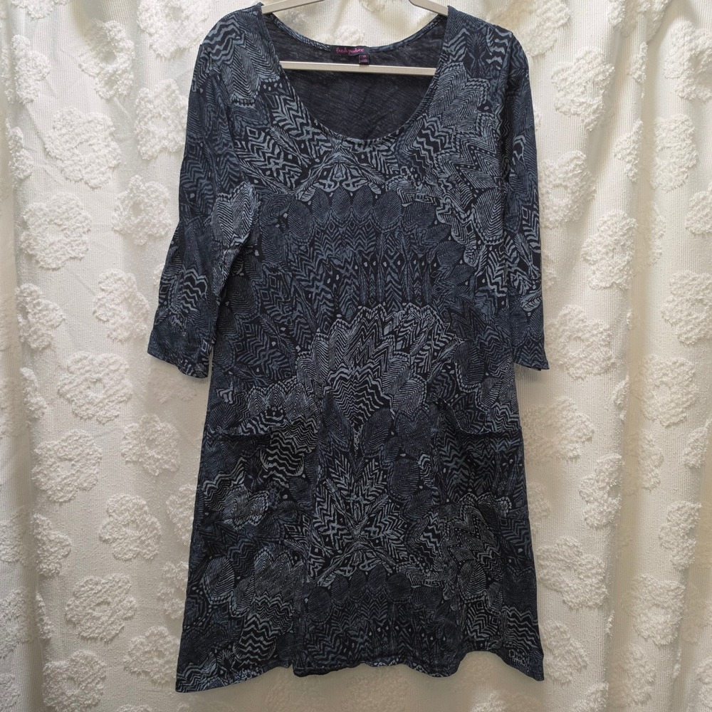 Fresh Produce Blue Grey Geometric Feather Print Cotton Pocket Dress Large USA